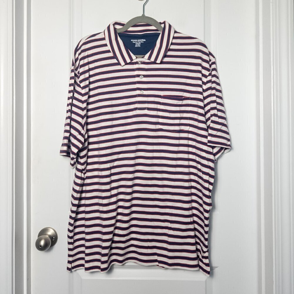 NWT Amazon Essentials Men's Polo with pocket - XL Red/Blue Striped